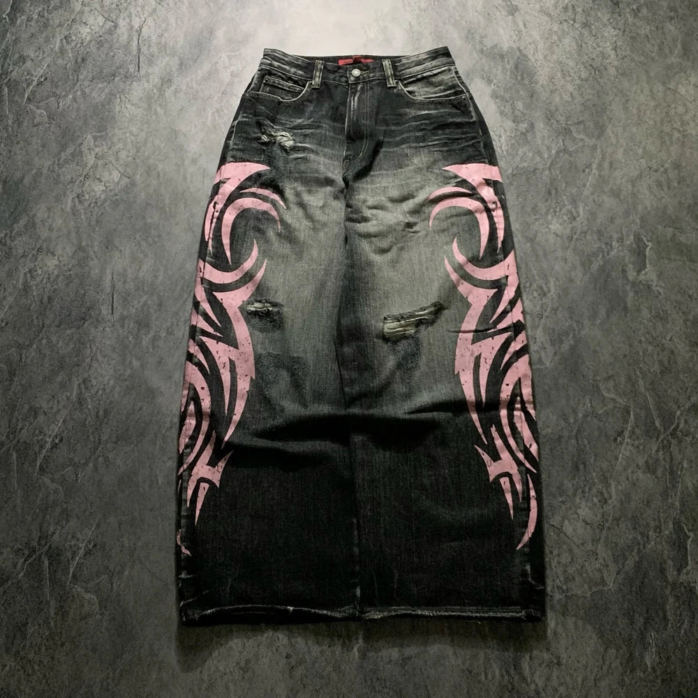 Y2K American Vintage Mottled Totem Print Baggy Jeans Women's High Waist Wide Leg Jeans Men Clothing Harajuku Trendy Hip Hop Pant