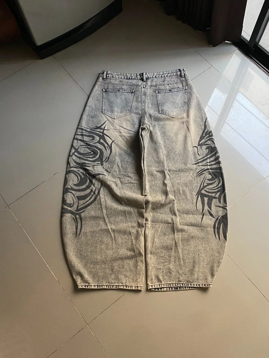 American Retro Streetwear Y2K Gray Printed Loose Jeans Hip Hop Harajuku Casual Washed Distressed Straight Floor Mopping Pants