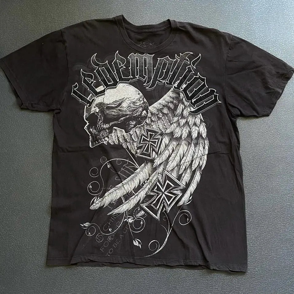 2000s Graphic T Shirts Suffering Skeleton Print Top Y2K Angel Hip Hop Harajuku high steet Plus Size Loose shirt Fashion Clothing