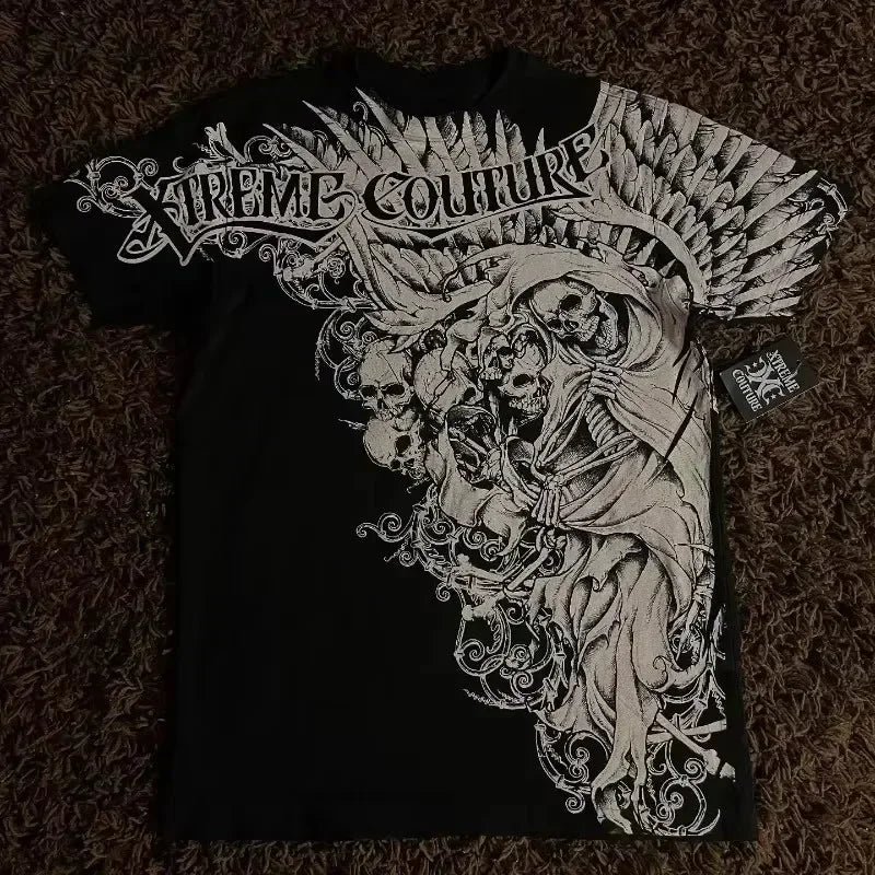 Y2K White Shirt Affliction Retro T Shirt Harajuku Men Skull Holy Writ Letter Printing Tee Fashion Gothic Short Sleeves Tops