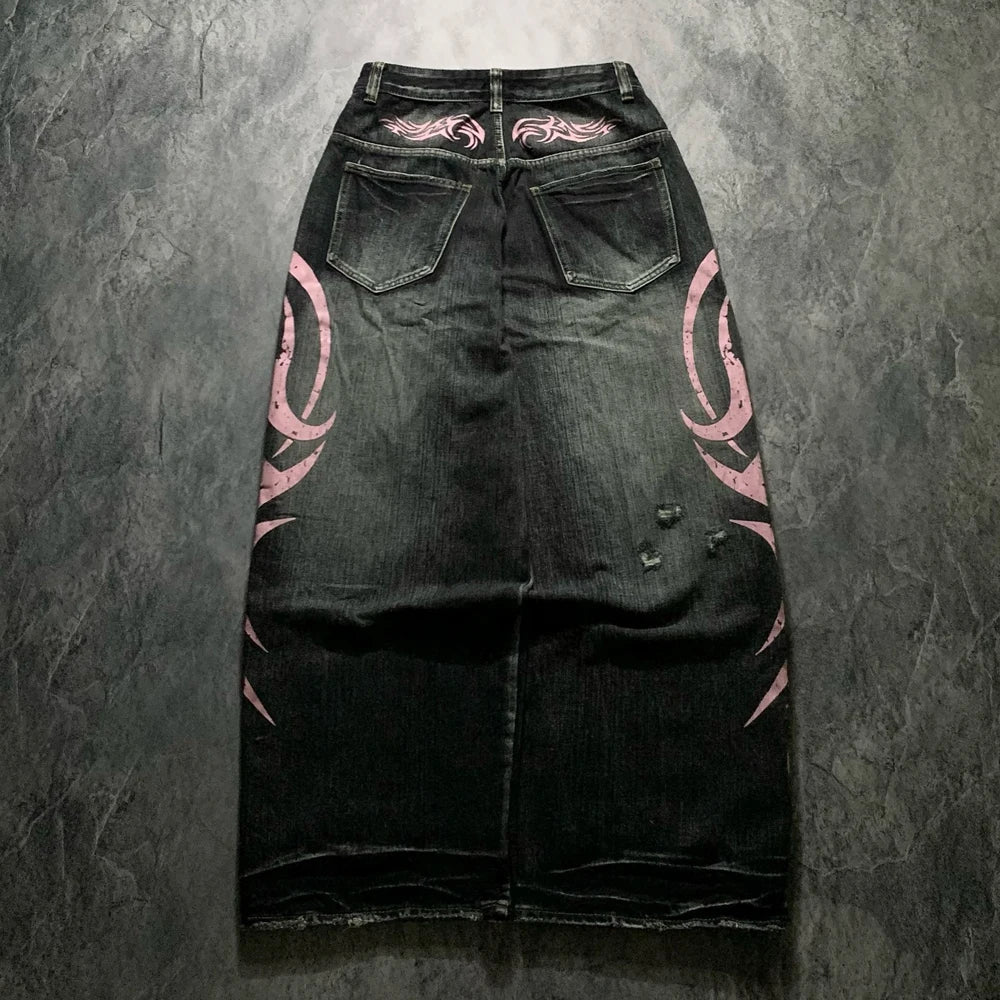 Y2K American Vintage Mottled Totem Print Baggy Jeans Women's High Waist Wide Leg Jeans Men Clothing Harajuku Trendy Hip Hop Pant