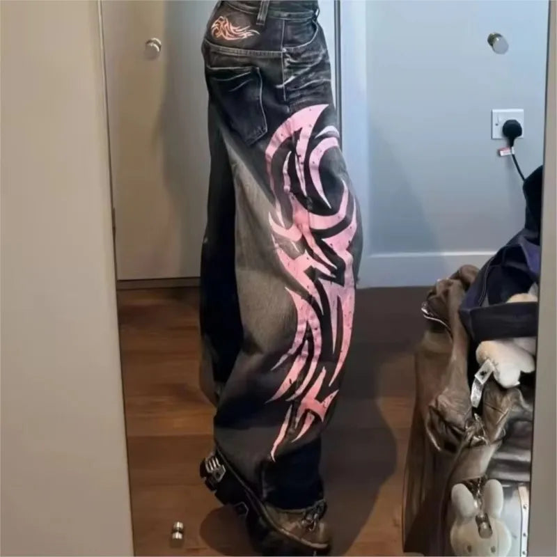 Y2K American Vintage Mottled Totem Print Baggy Jeans Women's High Waist Wide Leg Jeans Men Clothing Harajuku Trendy Hip Hop Pant