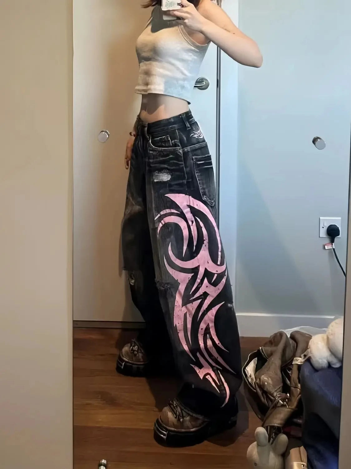 Y2K American Vintage Mottled Totem Print Baggy Jeans Women's High Waist Wide Leg Jeans Men Clothing Harajuku Trendy Hip Hop Pant