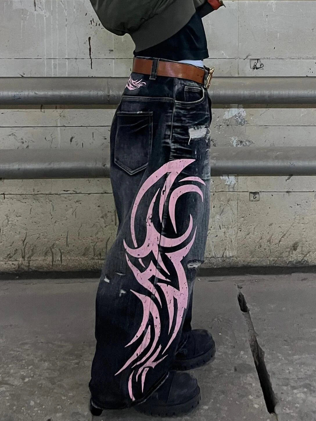 Y2K American Vintage Mottled Totem Print Baggy Jeans Women's High Waist Wide Leg Jeans Men Clothing Harajuku Trendy Hip Hop Pant
