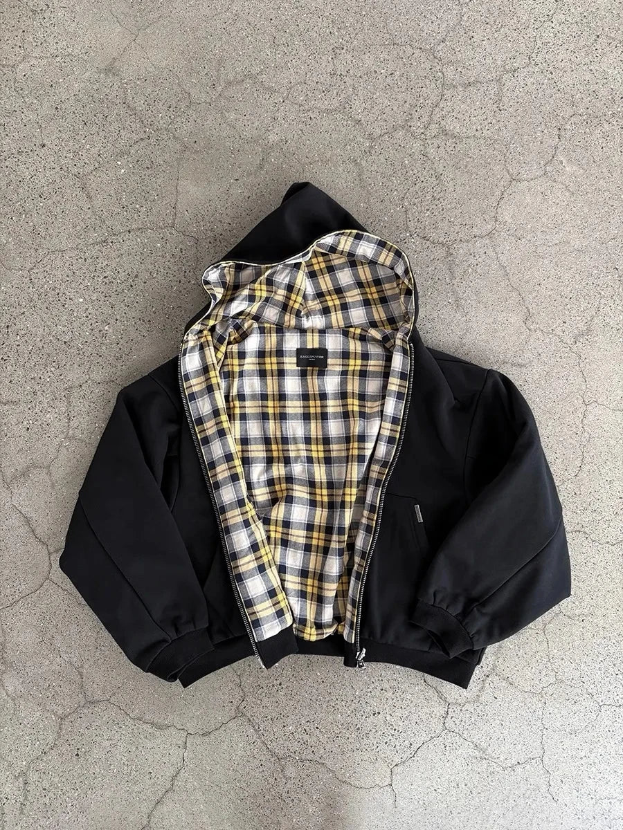 American Double-Sided Plaid Loose Zipper Hoodie Men Y2K New Harajuku Hip-Hop Gothic Couple Casual Joker Sweatshirt Street Wear