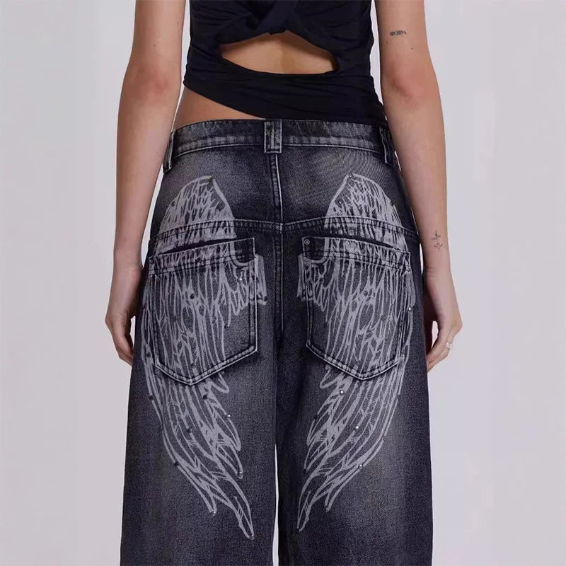American Gothic Jeans Unisex High Street Y2K Retro Fashion Wide Pants Hip-Hop Streetwear Pants Harajuku Black Casual Trousers