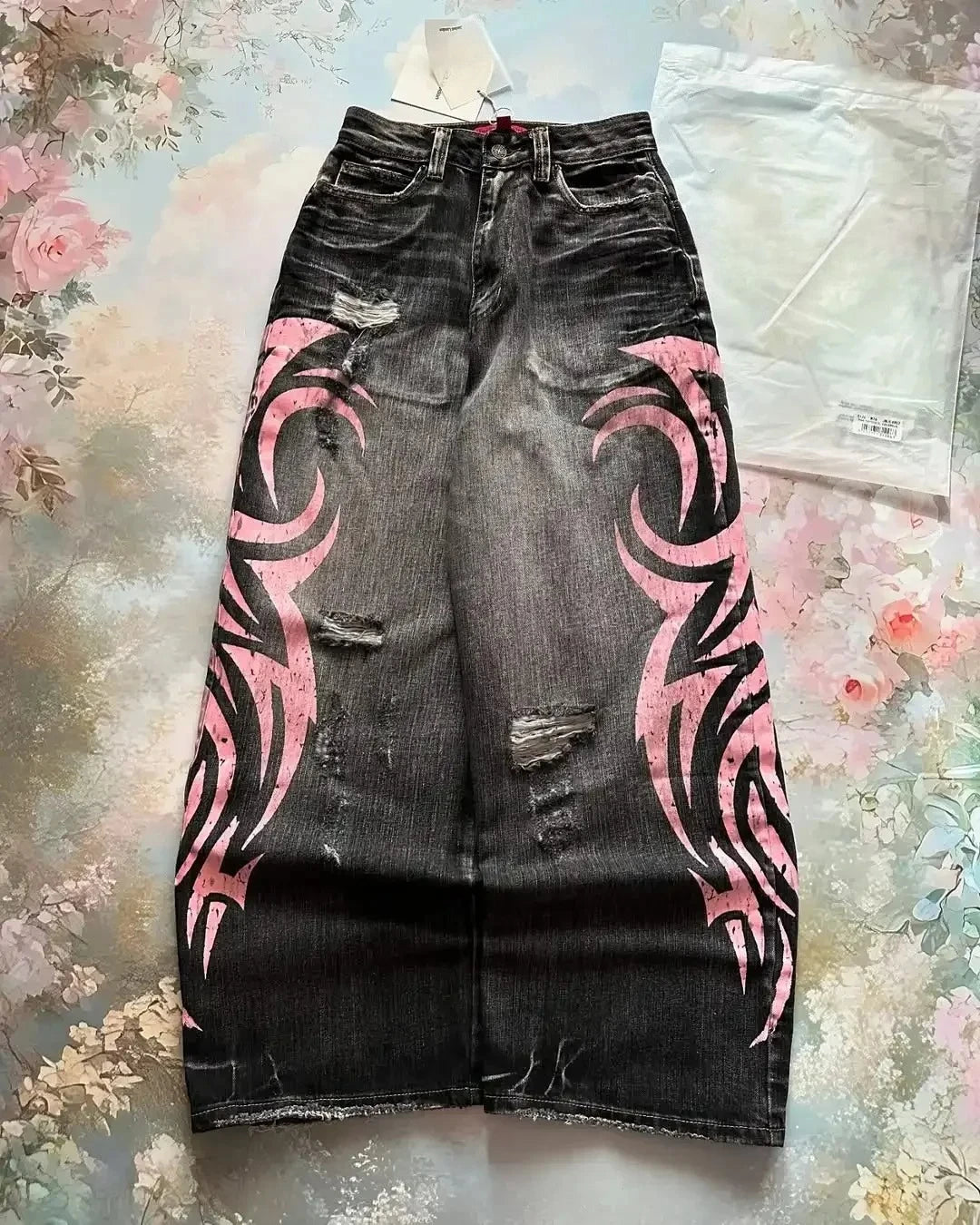American Retro Streetwear Y2K Gray Printed Loose Jeans Hip Hop Harajuku Casual Washed Distressed Straight Floor Mopping Pants