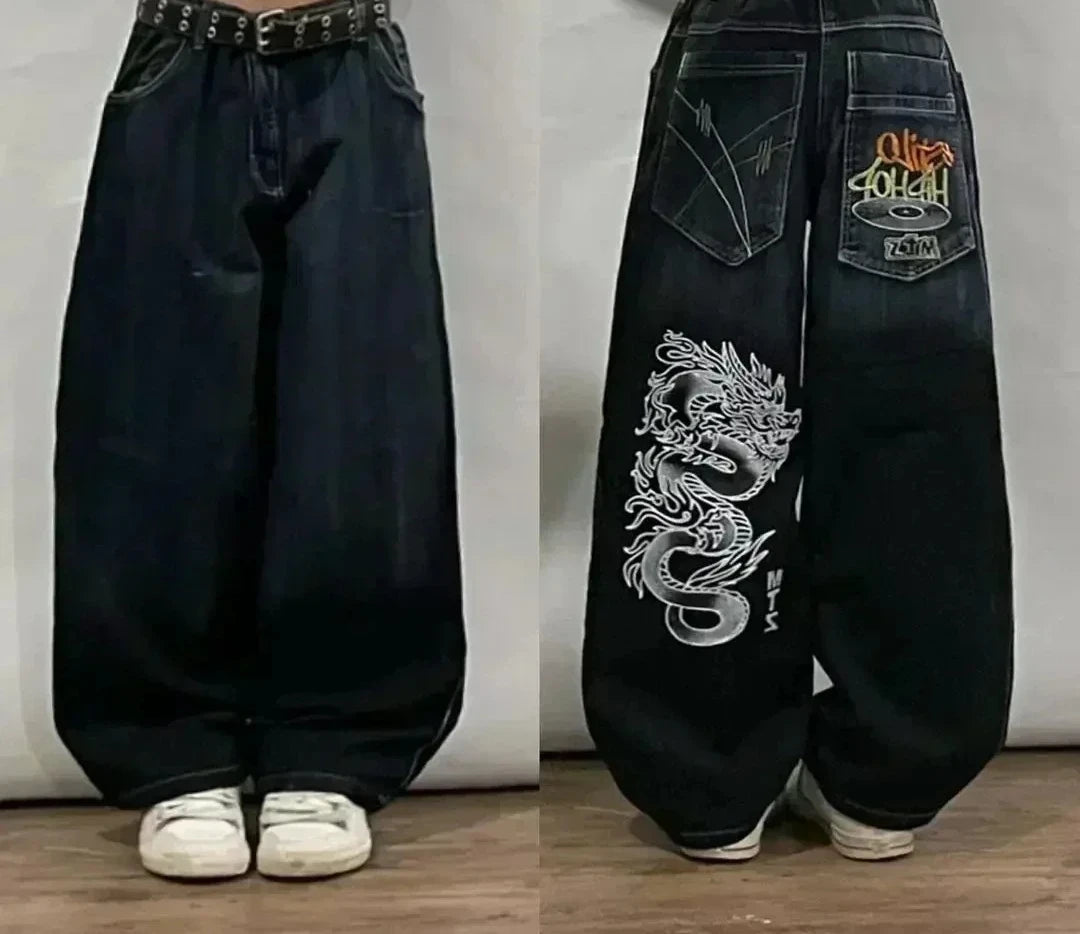 Street Fashion Trend Skull Embroidered Jeans Women Harajuku Y2K New Hip Hop Joker Straight Wide-leg Pants Couple Casual Jeans