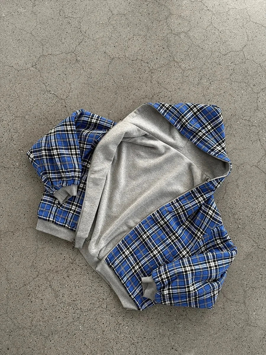 American Double-Sided Plaid Loose Zipper Hoodie Men Y2K New Harajuku Hip-Hop Gothic Couple Casual Joker Sweatshirt Street Wear