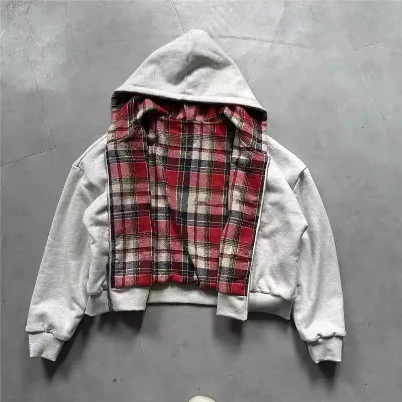 American Double-Sided Plaid Loose Zipper Hoodie Men Y2K New Harajuku Hip-Hop Gothic Couple Casual Joker Sweatshirt Street Wear