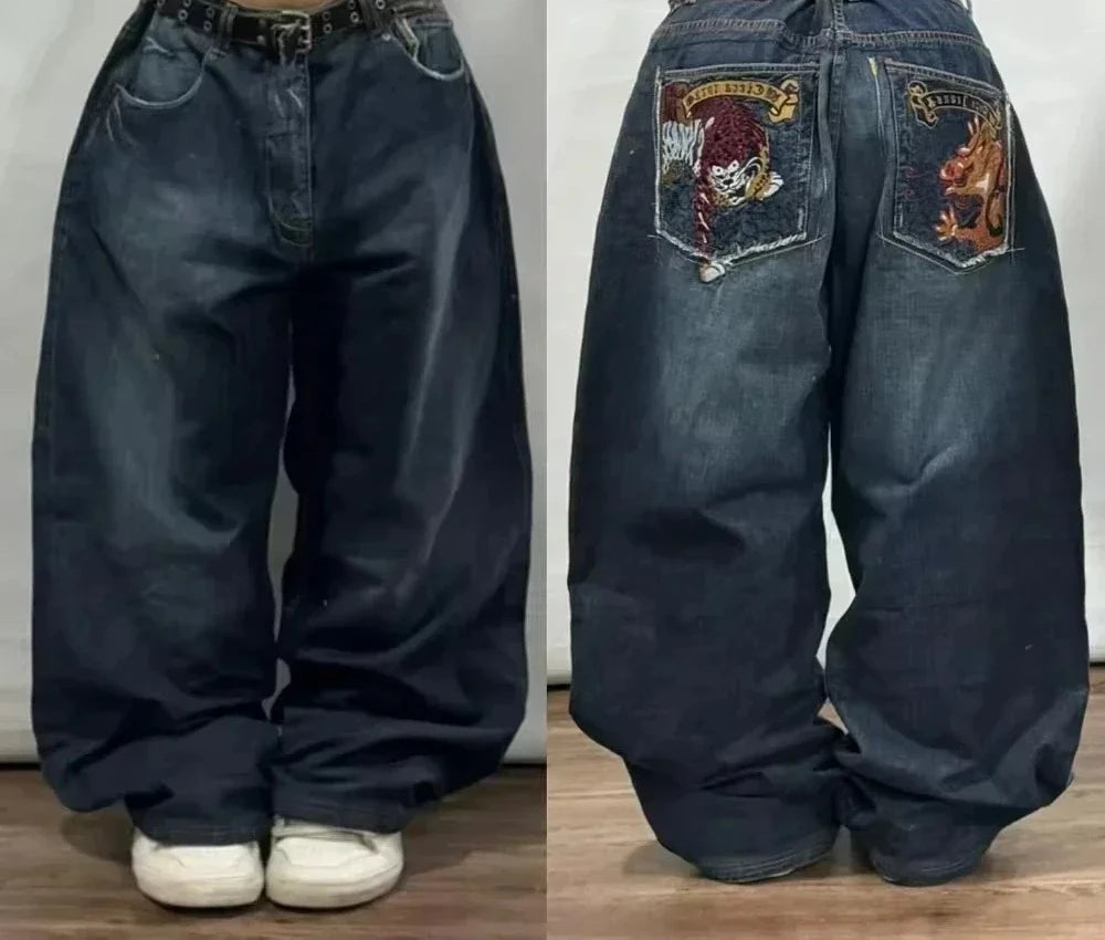 Street Fashion Trend Skull Embroidered Jeans Women Harajuku Y2K New Hip Hop Joker Straight Wide-leg Pants Couple Casual Jeans