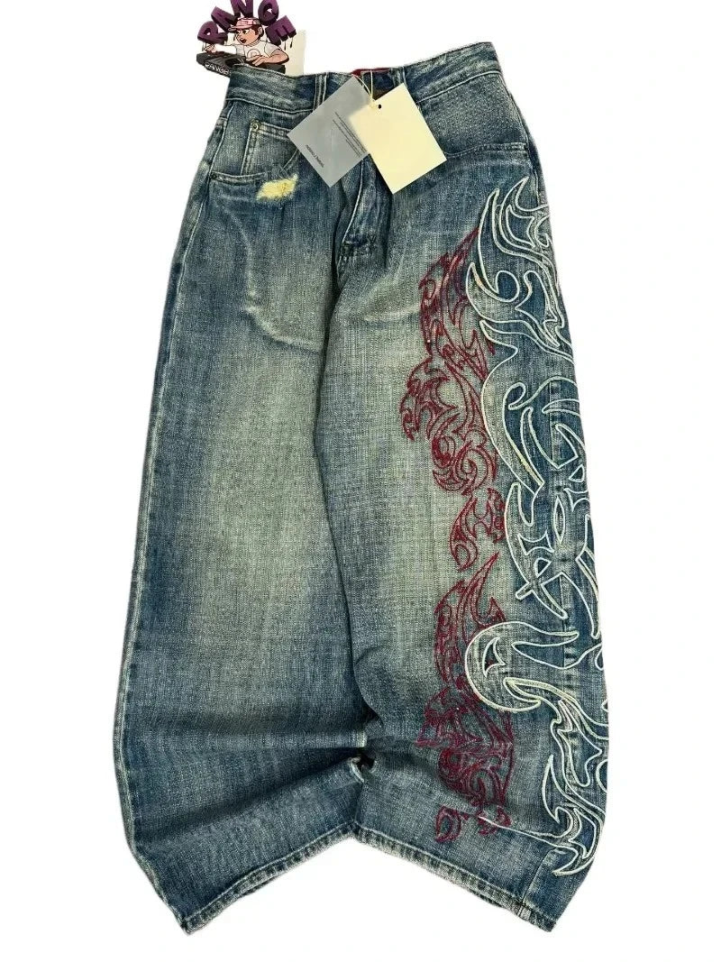 American Retro Streetwear Y2K Gray Printed Loose Jeans Hip Hop Harajuku Casual Washed Distressed Straight Floor Mopping Pants
