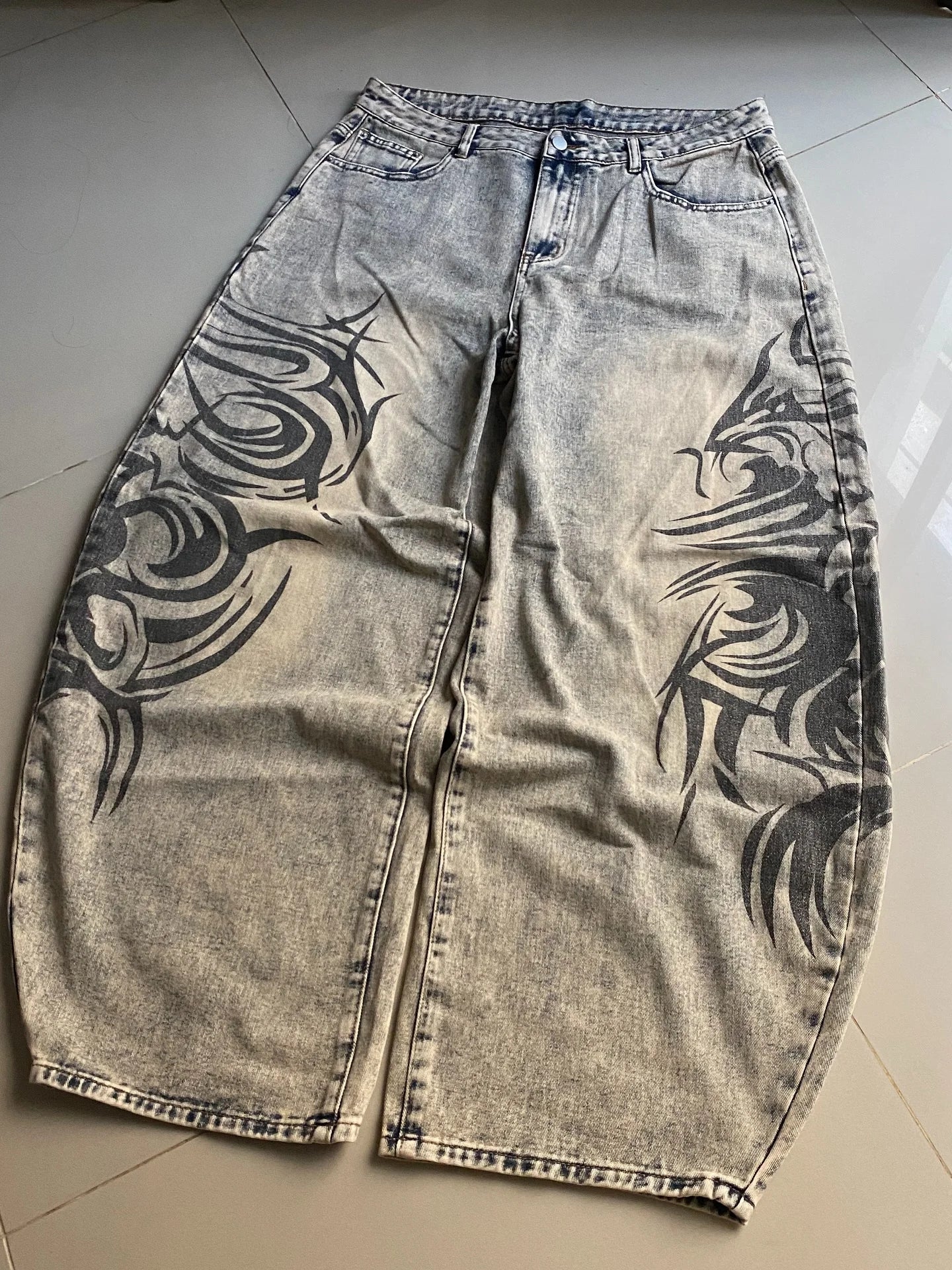 American Retro Streetwear Y2K Gray Printed Loose Jeans Hip Hop Harajuku Casual Washed Distressed Straight Floor Mopping Pants