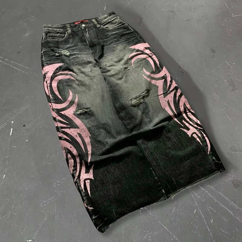 Y2K American Vintage Mottled Totem Print Baggy Jeans Women's High Waist Wide Leg Jeans Men Clothing Harajuku Trendy Hip Hop Pant