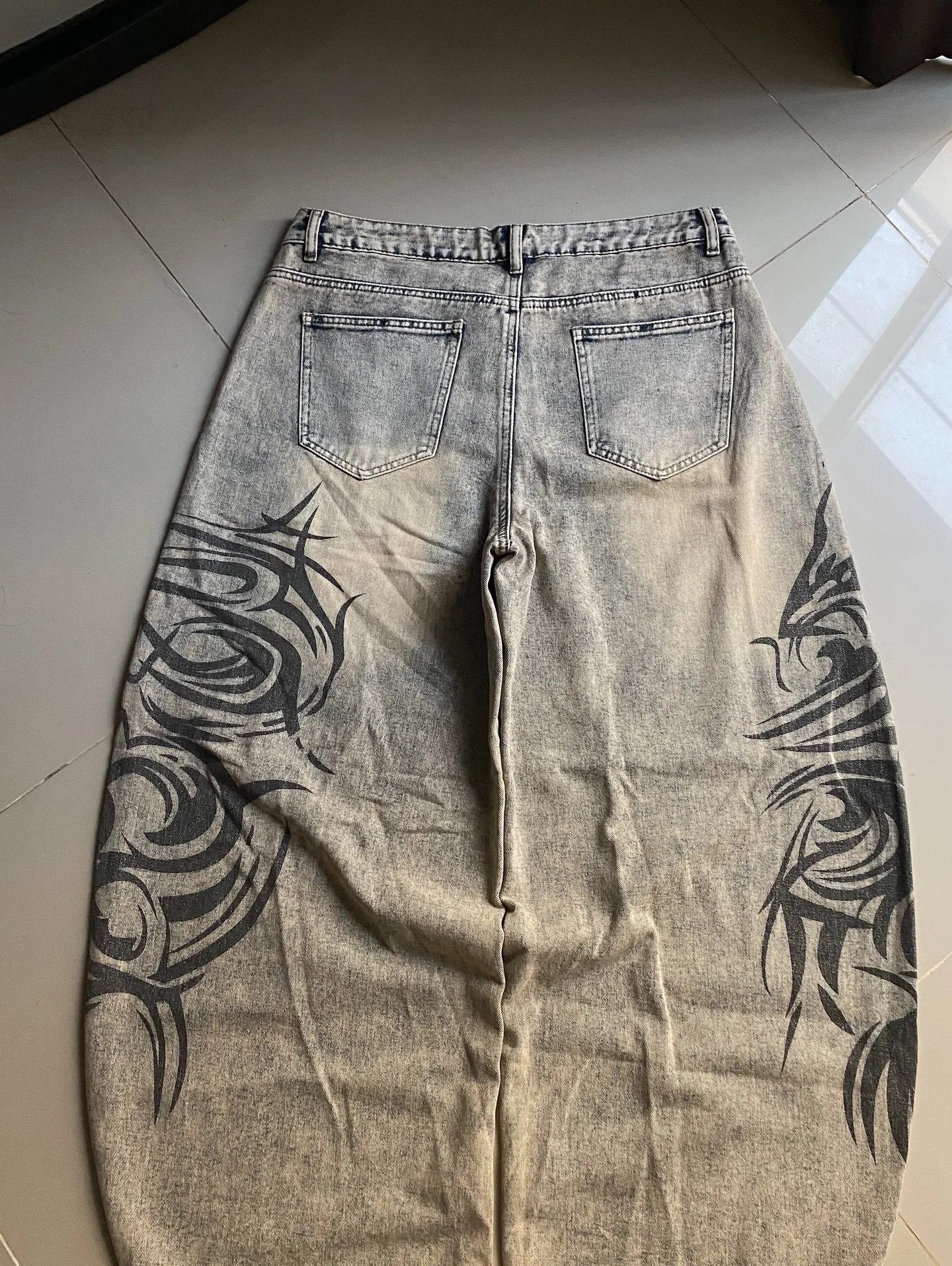 American Retro Streetwear Y2K Gray Printed Loose Jeans Hip Hop Harajuku Casual Washed Distressed Straight Floor Mopping Pants
