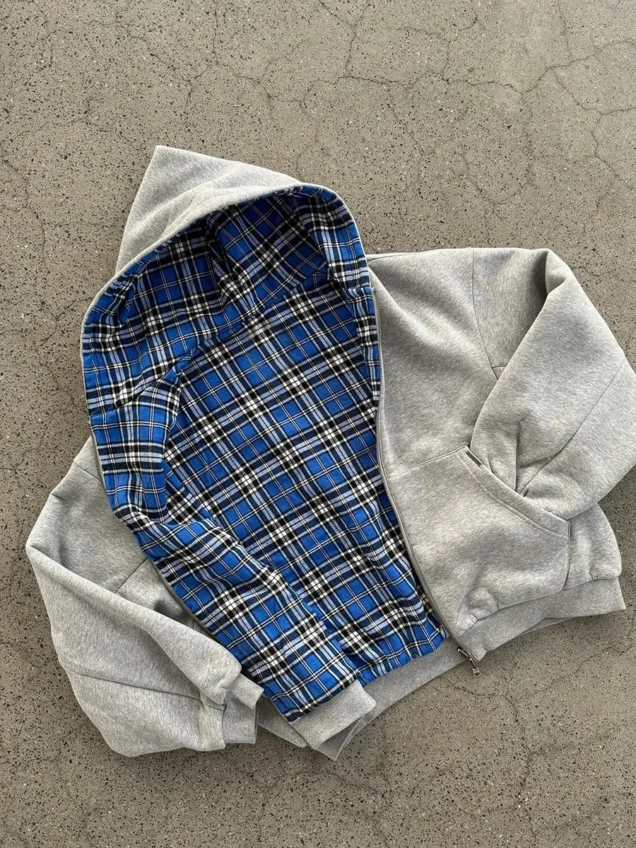 American Double-Sided Plaid Loose Zipper Hoodie Men Y2K New Harajuku Hip-Hop Gothic Couple Casual Joker Sweatshirt Street Wear