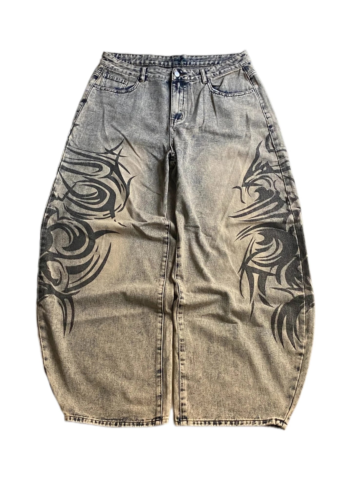 American Retro Streetwear Y2K Gray Printed Loose Jeans Hip Hop Harajuku Casual Washed Distressed Straight Floor Mopping Pants