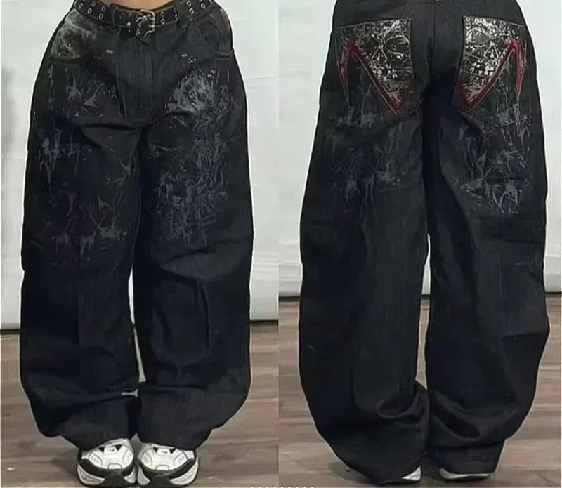 Street Fashion Trend Skull Embroidered Jeans Women Harajuku Y2K New Hip Hop Joker Straight Wide-leg Pants Couple Casual Jeans