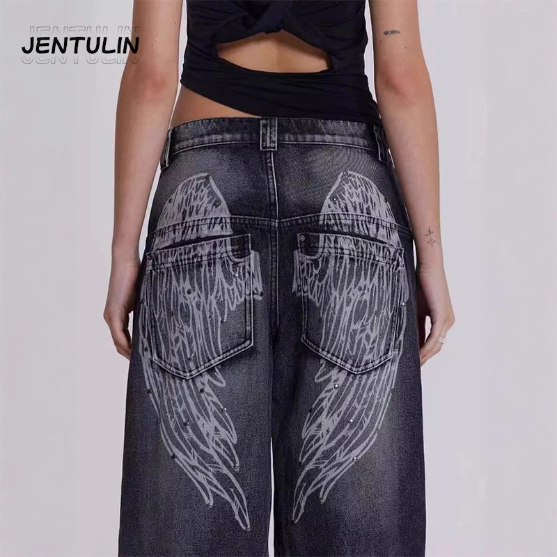 American Gothic Jeans Unisex High Street Y2K Retro Fashion Wide Pants Hip-Hop Streetwear Pants Harajuku Black Casual Trousers