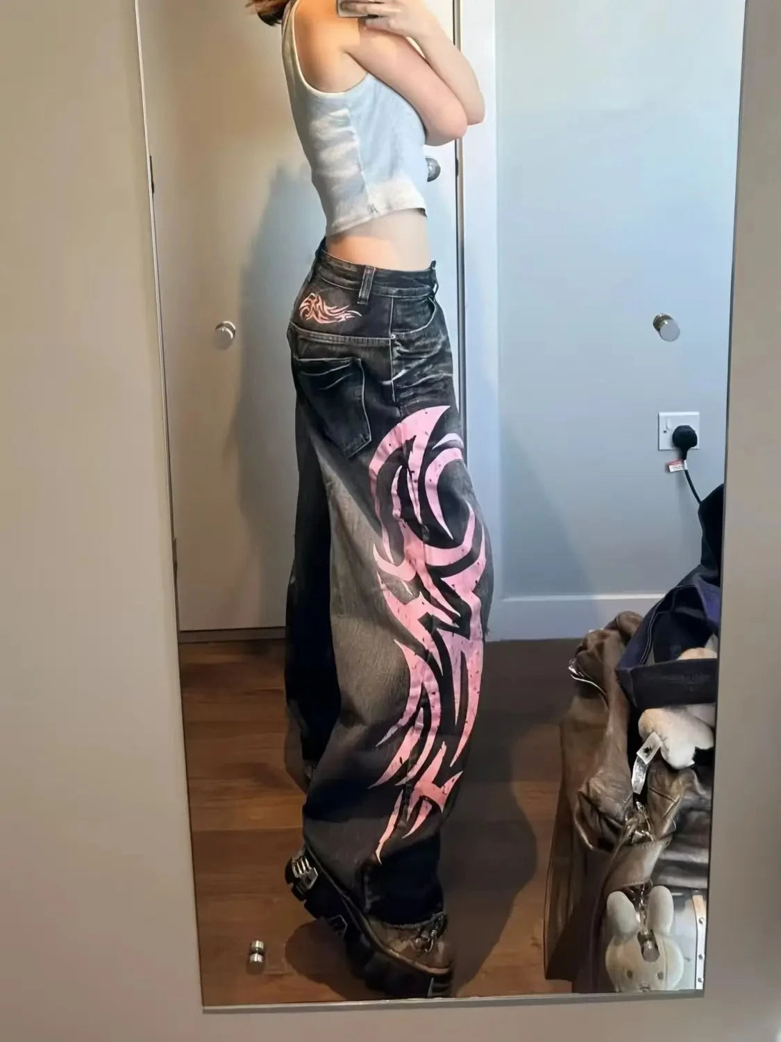 Y2K American Vintage Mottled Totem Print Baggy Jeans Women's High Waist Wide Leg Jeans Men Clothing Harajuku Trendy Hip Hop Pant