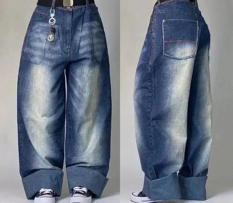 Street Fashion Trend Skull Embroidered Jeans Women Harajuku Y2K New Hip Hop Joker Straight Wide-leg Pants Couple Casual Jeans