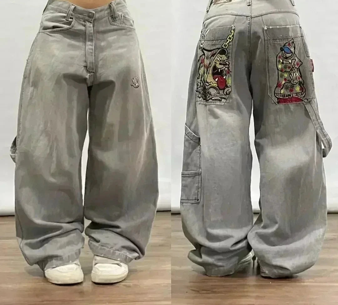 Street Fashion Trend Skull Embroidered Jeans Women Harajuku Y2K New Hip Hop Joker Straight Wide-leg Pants Couple Casual Jeans