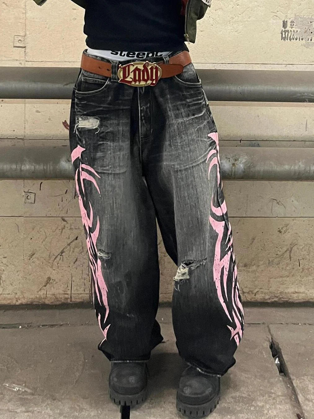 Y2K American Vintage Mottled Totem Print Baggy Jeans Women's High Waist Wide Leg Jeans Men Clothing Harajuku Trendy Hip Hop Pant