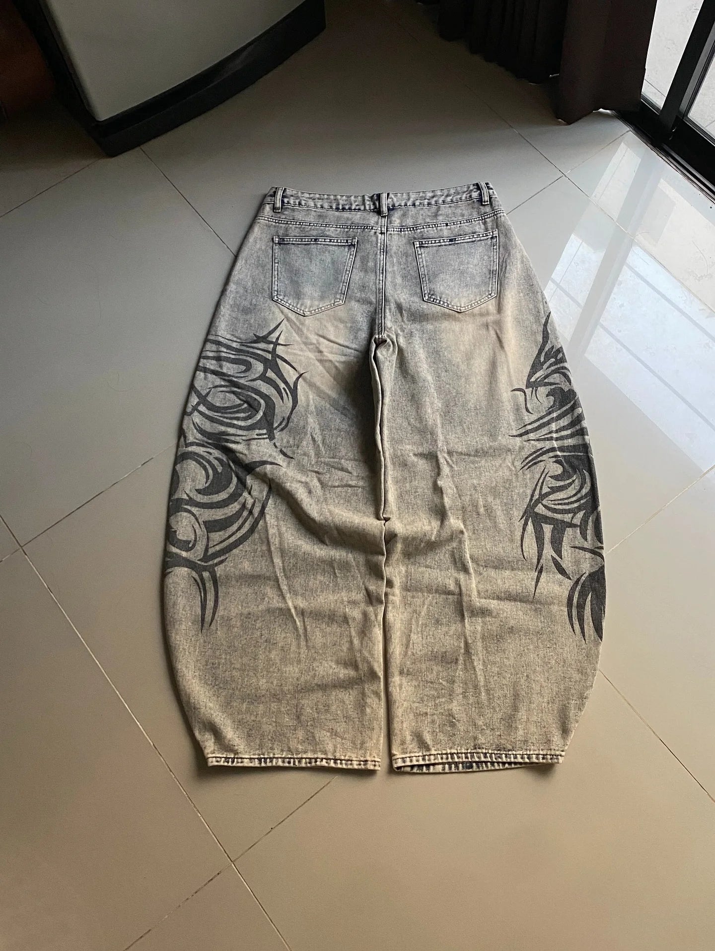 American Retro Streetwear Y2K Gray Printed Loose Jeans Hip Hop Harajuku Casual Washed Distressed Straight Floor Mopping Pants