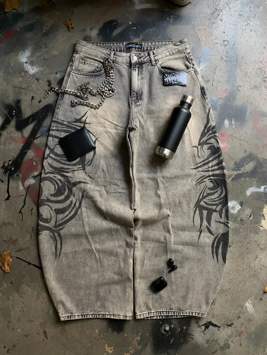 American Retro Streetwear Y2K Gray Printed Loose Jeans Hip Hop Harajuku Casual Washed Distressed Straight Floor Mopping Pants