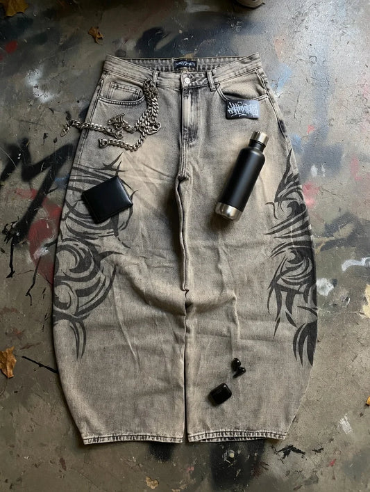 American Retro Streetwear Y2K Gray Printed Loose Jeans Hip Hop Harajuku Casual Washed Distressed Straight Floor Mopping Pants