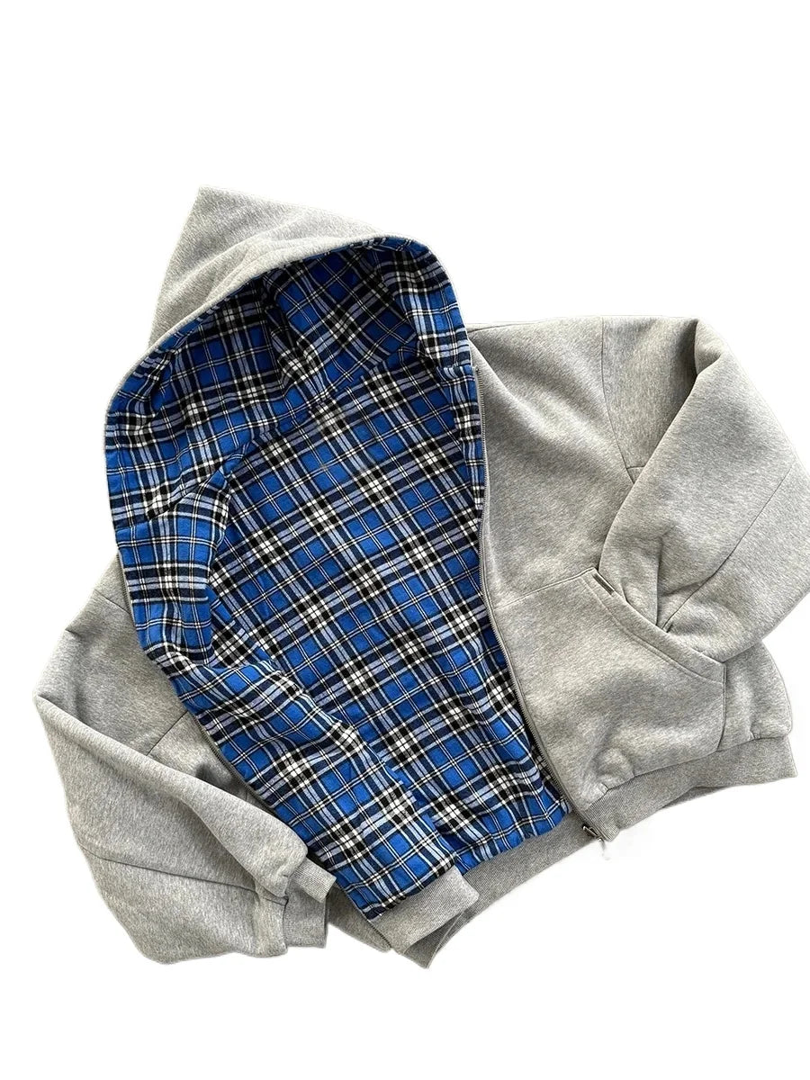 American Double-Sided Plaid Loose Zipper Hoodie Men Y2K New Harajuku Hip-Hop Gothic Couple Casual Joker Sweatshirt Street Wear