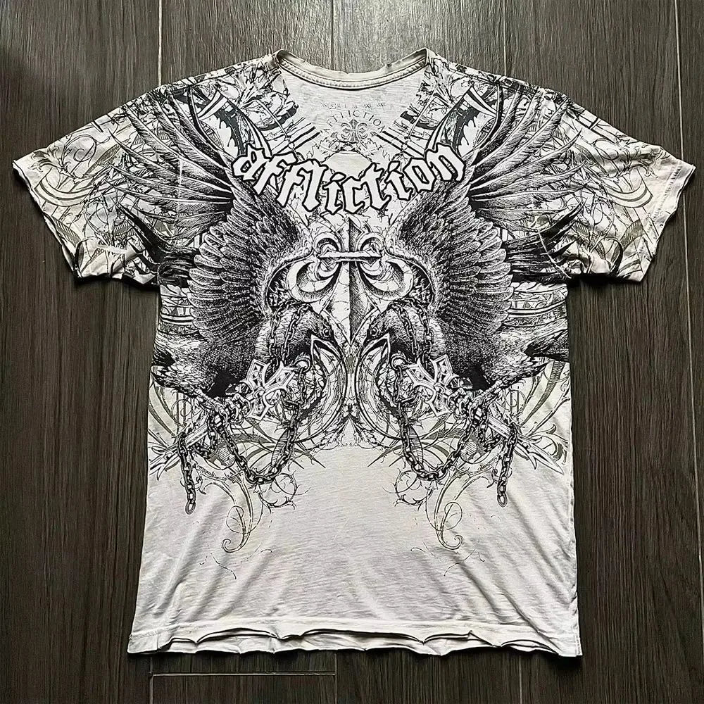 Summer European and American fashion men's breathable and comfortable round neck T-shirt wing cross print outdoor top