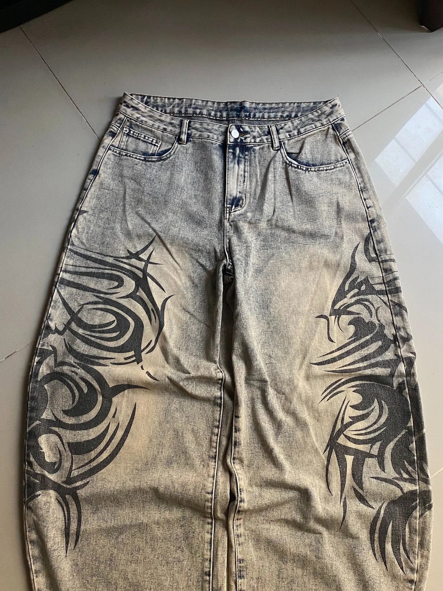 American Retro Streetwear Y2K Gray Printed Loose Jeans Hip Hop Harajuku Casual Washed Distressed Straight Floor Mopping Pants