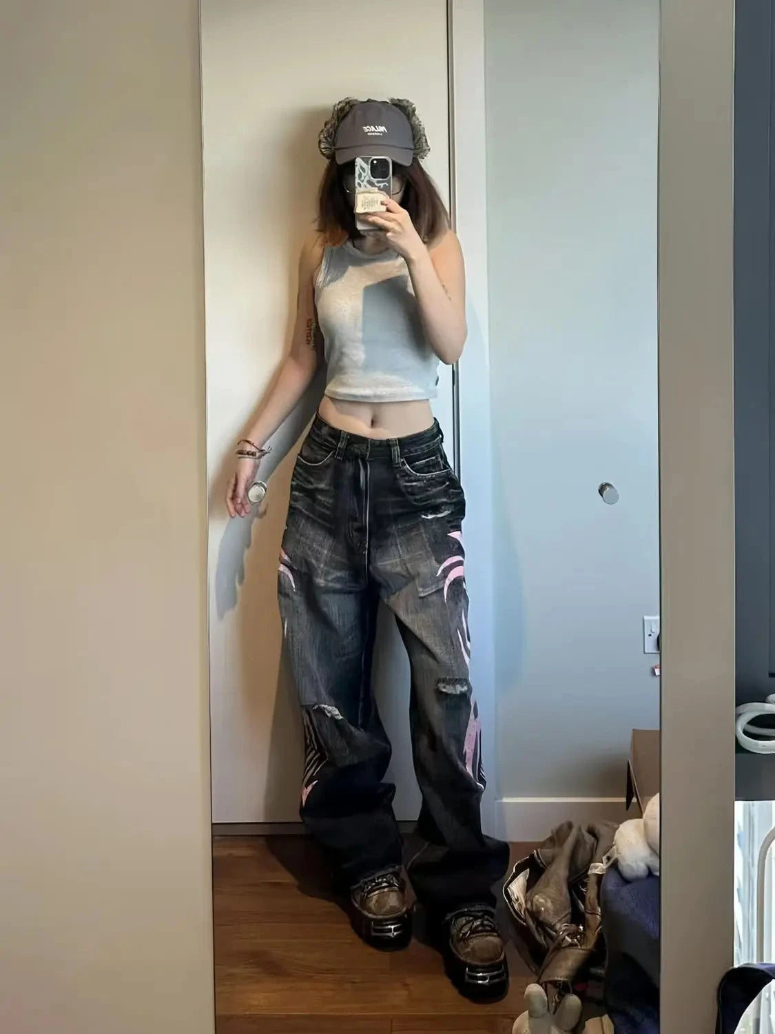 Y2K American Vintage Mottled Totem Print Baggy Jeans Women's High Waist Wide Leg Jeans Men Clothing Harajuku Trendy Hip Hop Pant