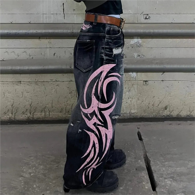 Y2K American Vintage Mottled Totem Print Baggy Jeans Women's High Waist Wide Leg Jeans Men Clothing Harajuku Trendy Hip Hop Pant