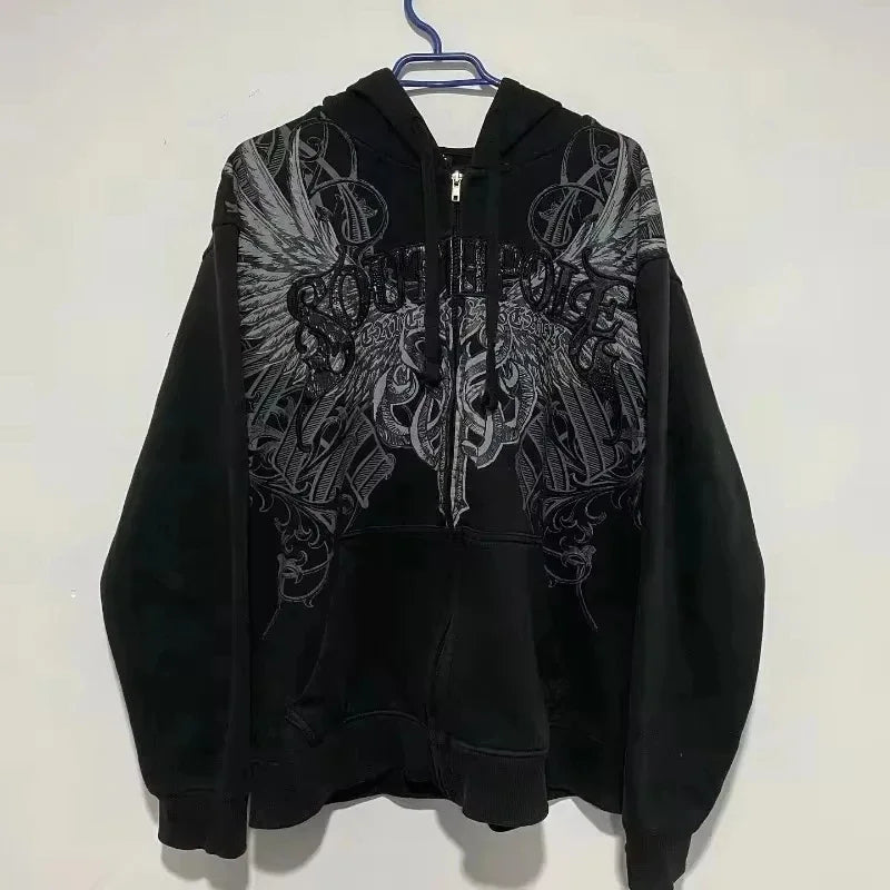 American Double-Sided Plaid Loose Zipper Hoodie Men Y2K New Harajuku Hip-Hop Gothic Couple Casual Joker Sweatshirt Street Wear