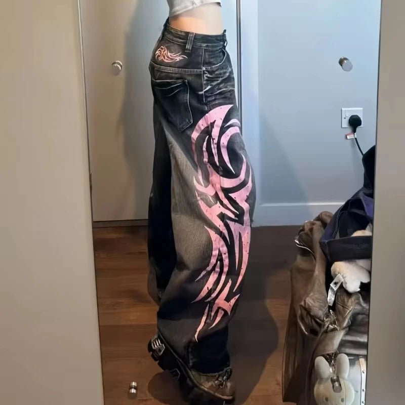 Y2K American Vintage Mottled Totem Print Baggy Jeans Women's High Waist Wide Leg Jeans Men Clothing Harajuku Trendy Hip Hop Pant