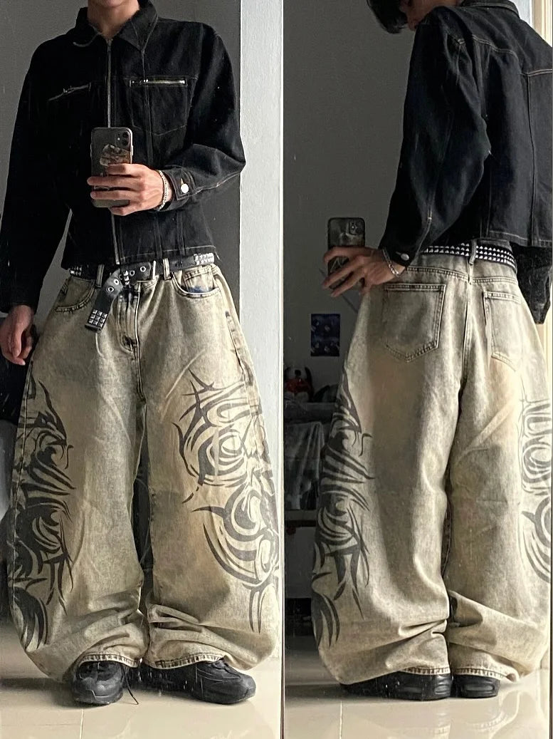 American Retro Streetwear Y2K Gray Printed Loose Jeans Hip Hop Harajuku Casual Washed Distressed Straight Floor Mopping Pants