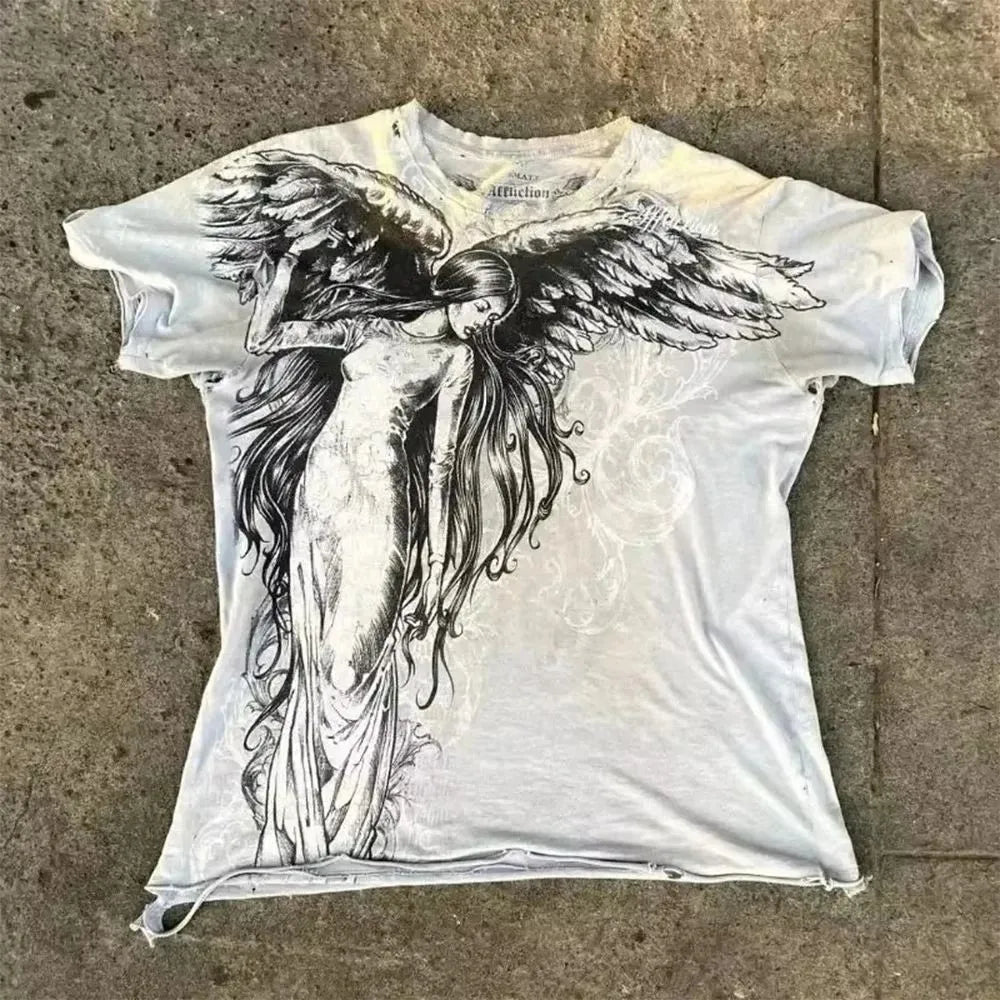 Summer European and American fashion men's breathable and comfortable round neck T-shirt wing cross print outdoor top
