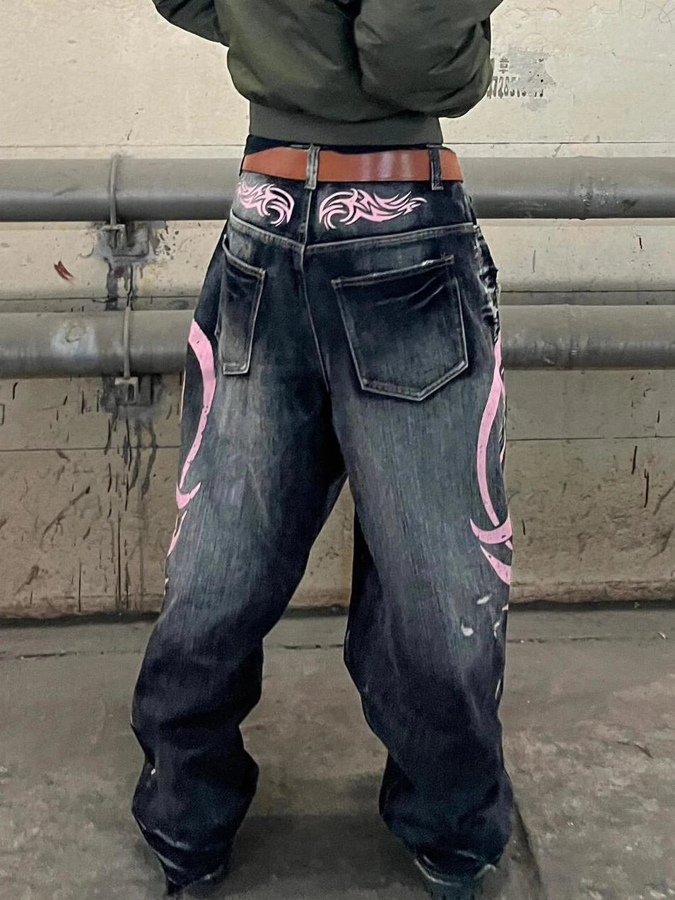 Y2K American Vintage Mottled Totem Print Baggy Jeans Women's High Waist Wide Leg Jeans Men Clothing Harajuku Trendy Hip Hop Pant